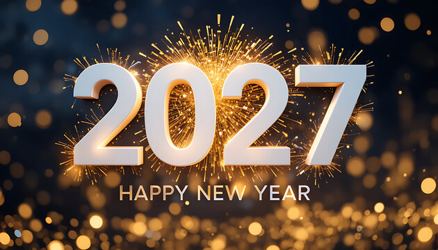 Large white numbers 2027 with bright golden fireworks bursting behind them above bold text HAPPY NEW YEAR on dark festive background happy new year 2027 celebrate