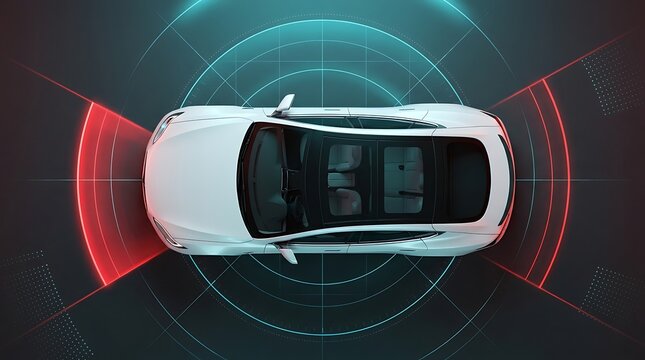 White autonomous electric car top view with futuristic red radar sensor waves scanning road on circular cyan blue digital background for navigation safety.