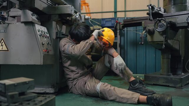 Worker rests after industrial accident, visibly weary. Hard hat beside him, safety gear still on. Machinery looms nearby, silent witness to fall