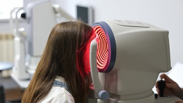 Female optometrist in navy scrubs performs eye test on young girl using autorefractor machine in a well-lit clinic environment