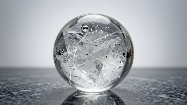 transparent glass sphere with internal abstract crystalline structure resting on a textured dark reflective surface
