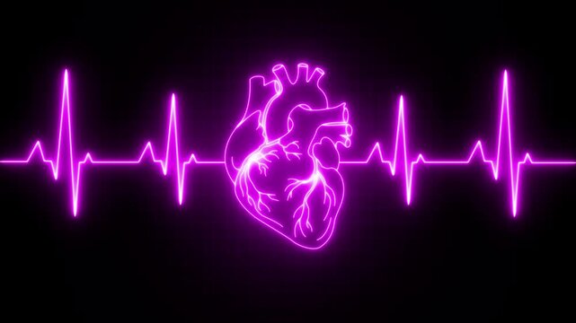 Futuristic glowing red wireframe human heart beating with EKG line pulse and digital rhythm on black background. Concept for health, anatomy, and the importance of blood circulation in human life.