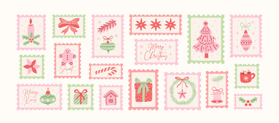 Obraz premium Set of vintage Christmas postage stamps. Winter holiday postage stickers. Xmas celebration mail postmark. Cute hand drawn Christmas tree, gifts, bow, gingerbread, baubles, candy. Vector illustration.