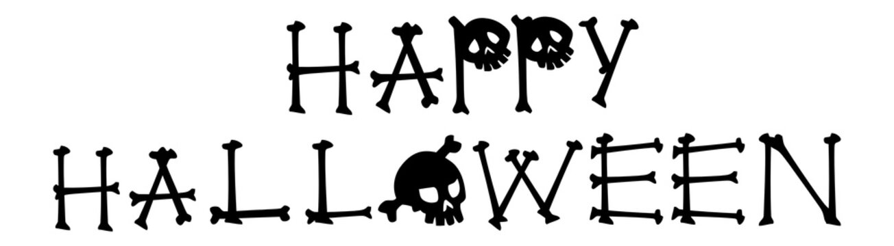 Black and white happy halloween bone lettering typography silhouette vector graphic element with skull symbols for spooky festival design