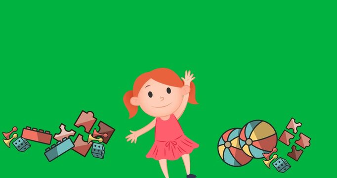 Digital animation of girl and multiple toys icons with copy space on transparent background