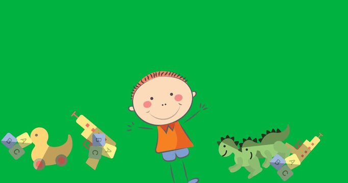 Digital animation of boy and multiple toys icons with copy space on transparent background