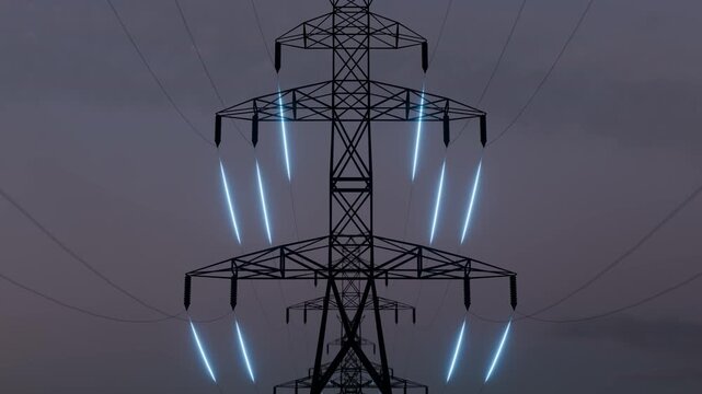 Power Transmission Lines.Concept of Renewable Green Energy and Clean Ecological Environment,3D Digital Visualization of Electricity,High-voltage power line tower current transmission