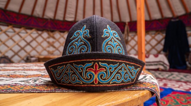Traditional Kazakh hat on a wooden table in a yurt 