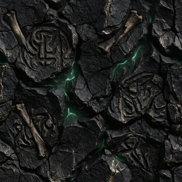 Seamless Dark Fantasy Texture with Cracked Black Rock, Ancient Rune Engravings, Animal Bones, and Glowing Green Magma
