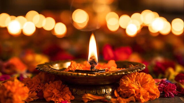 Sacred flame glowing above a traditional metal vessel decorated with red and yellow flowers during a Hindu spiritual ceremony, creating a symbolic scene of faith and devotion.