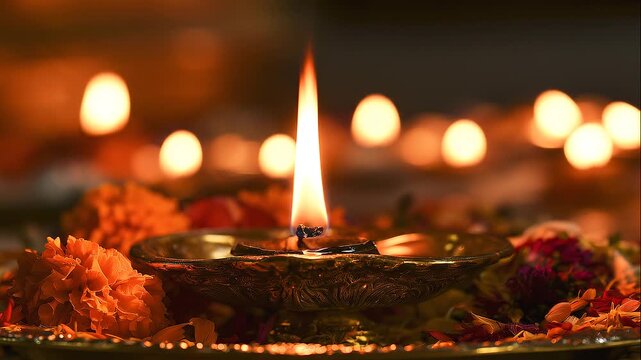 Sacred flame glowing above a traditional metal vessel decorated with red and yellow flowers during a Hindu spiritual ceremony, creating a symbolic scene of faith and devotion.