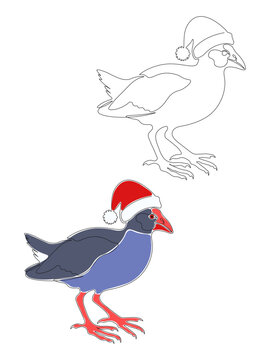 Continuous one line drawing of cute New Zealand pukeko bird in red Santa hat for Kiwi Christmas holiday design