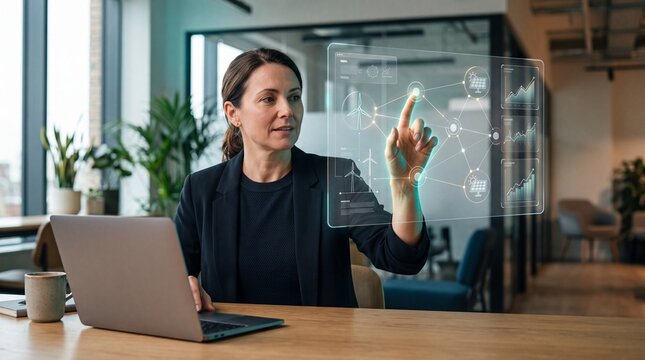 Professional businesswoman interacting with futuristic holographic interface, modern office setting, innovative technology concept, digital transformation, data visualization