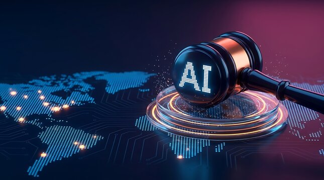 Gavel with AI text on digital world map background representing artificial intelligence law and global technology advancements for legal proceedings.