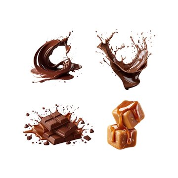 Dynamic illustration of chocolate melting, splashing, and breaking apart in a rich golden-brown liquid form
