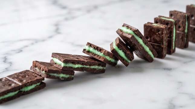 A line of falling dominoes made of stacked square mint chocolate candies representing the sweet consecutive risk of commercial food markets.