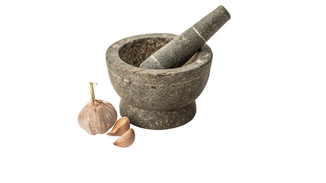 White ceramic mortar and pestle kitchen herb crusher with garlic bulbs