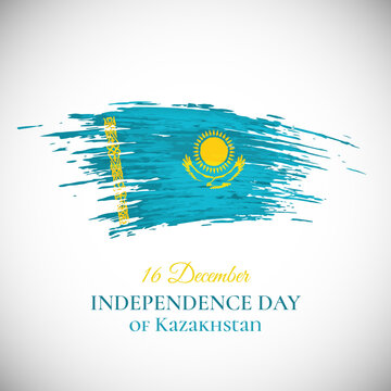 Kazakhstan independence day, december 16. Kazakh flag painted brush strokes on white background. Greeting card happy independence day, vector. Kazakhstan national holiday december 16th
