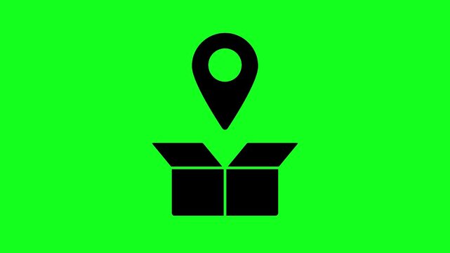 Black map pin hovers above open box on green background. Simple icon design shows delivery or location concept. Perfect for logistics, shipping, or delivery services