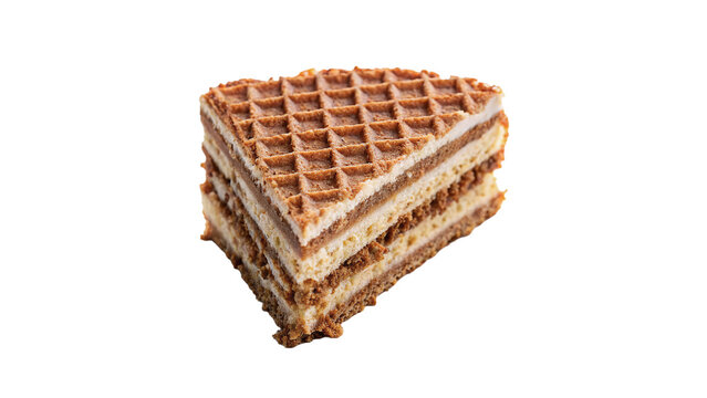 Piece of sweet layered chocolate cake slice on transparent background
