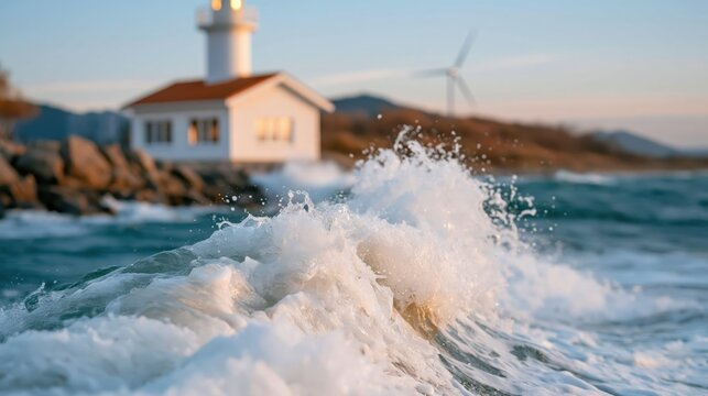 A stunning coastal scene depicts vibrant waves crashing against rocks with a lighthouse in the background, under a serene sky reflecting the beauty of nature and tranquility.