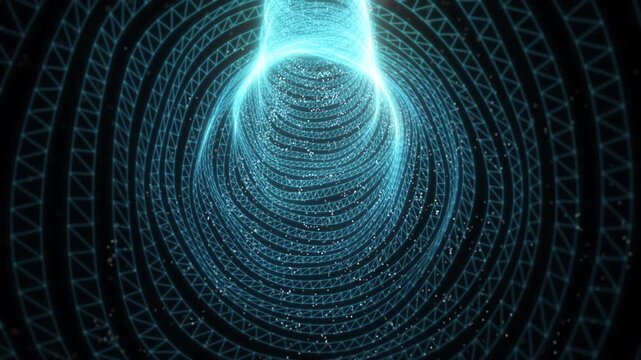 A luminous blue wireframe tunnel curves through darkness, surrounded by triangular mesh and scattered white particles in a futuristic digital background.