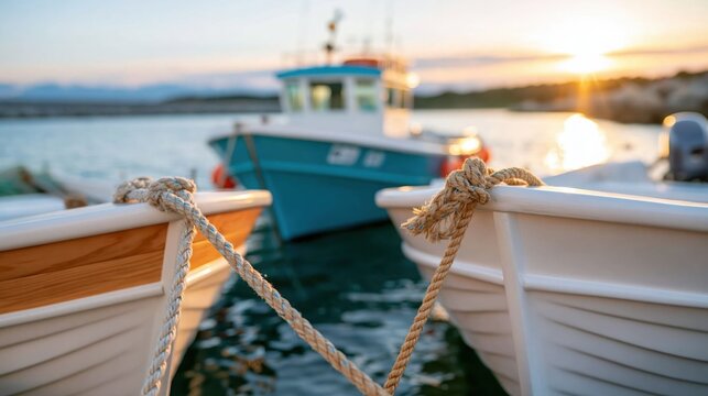 Two fishing boats are tied together, reflecting mesmerizing sunset hues on the tranquil water. This serene scene captures the beauty of coastal life and nature.