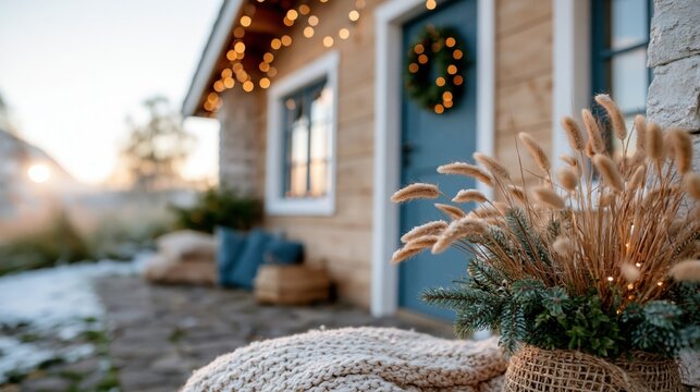 A picturesque wooden house decorated with string lights and a beautiful wreath, capturing the warm essence of holidays and welcoming vibes in a cozy outdoor setting.