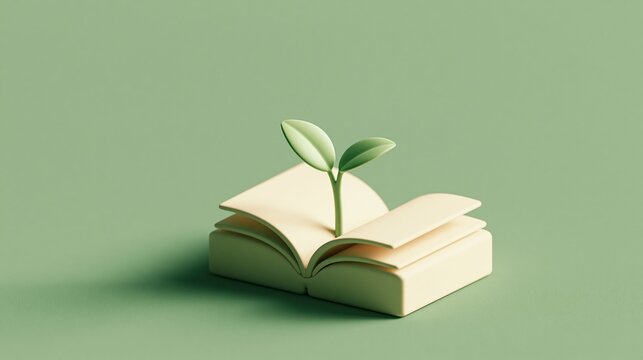 Green sprout growing from open book on solid light green background. Conceptual representation of knowledge growth and education development