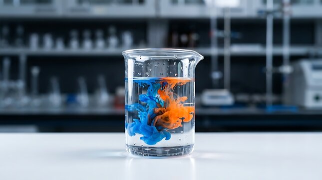 Blue and orange ink swirling in water inside laboratory beaker, abstract fluid dynamics experiment for science and education.
