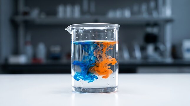 Blue and orange ink swirling in water inside laboratory beaker, abstract fluid dynamics experiment for science and education.