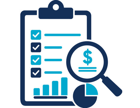 Financial auditing and budget planning icon with checklist clipboard magnifying glass dollar sign and growth bar chart vector for corporate expense tracking tax analysis and business success
