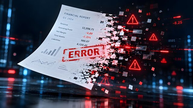 Financial report document glitching and disintegrating with red error stamp representing digital data failure