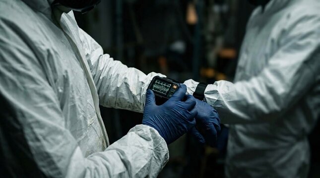 Close-up of a worker in a white hazmat suit checking a digital radiation detector or vital sign monitor strapped to their wrist inside a dark industrial plant.