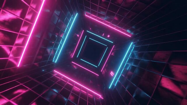 Glowing Neon Pink and Blue Grid Tunnel Loop