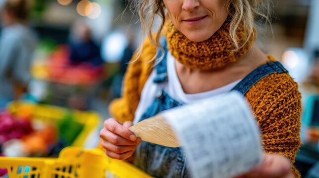 A woman looks thoughtfully at her grocery list while shopping in a vibrant market, surrounded by colorful fruits, vegetables, and other fresh produce available for purchase.