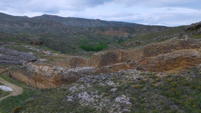 Aerial view from a drone of the Contrebia Leucade archaeological site in Aguilar del R&iacute;o Alhama, in the Cervera region. Autonomous Community of La Rioja. Spain. Europe