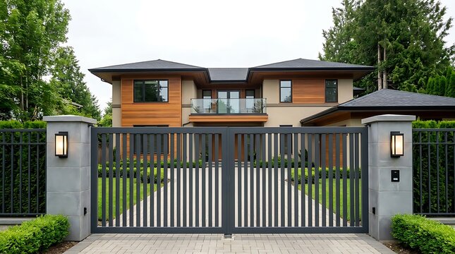 Modern luxury home with automated metal gate and manicured landscaping, offering privacy and security for upscale residential property.