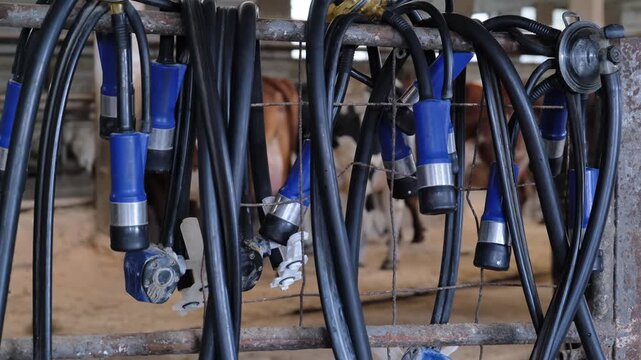 Milking machine equipment hanging on a dairy farm with cows in the background