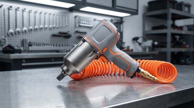 Industrial pneumatic impact wrench with orange hose on workshop bench