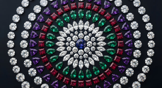 Luxurious gemstone mandala pattern, colorful precious jewels and diamonds in circular arrangement, elegant jewelry design background with rubies and emeralds