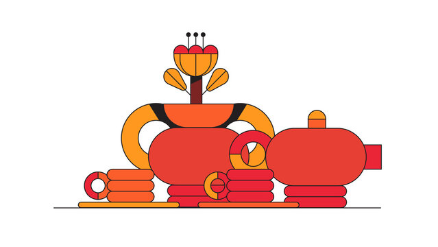 Abstract Teapot and Tea Set &ndash; Geometric Kitchen Still Life Illustration