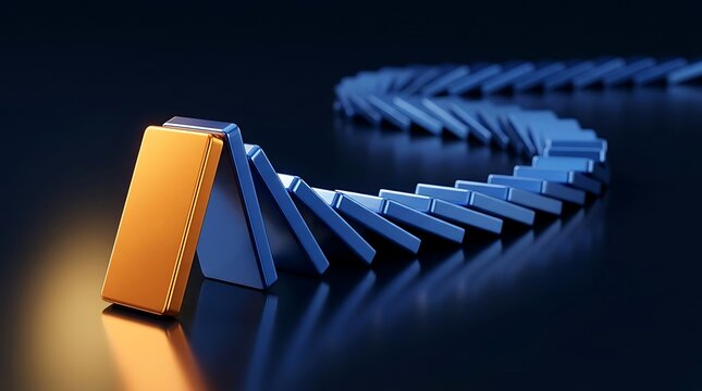 Single orange domino stands strong and stops chain reaction of falling blue blocks to illustrate risk mitigation and business crisis management strategies.