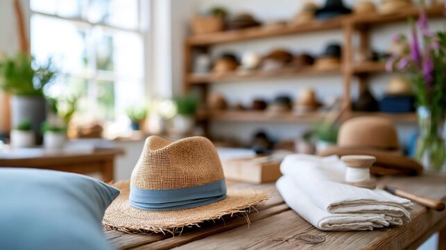 A charming scene featuring an assortment of stylish hats in a boutique, highlighting natural light, wooden textures, and a touch of greenery for a cozy atmosphere.