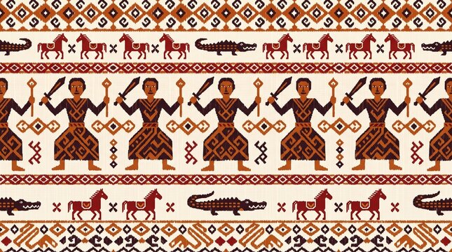 Indonesian Ikat Seamless Stripe Pattern with Traditionally Dressed Warrior Figures Horse and Crocodile Motif on Cream Background, Sumba NTT Folk Textile Design
