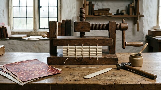 Wooden book press binding machine with paper stack and equipment on workbench in bookshop.