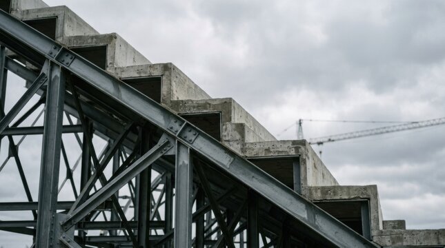 Unfinished stadium bleacher steel truss framework and concrete risers under a cloudy sky at a construction site