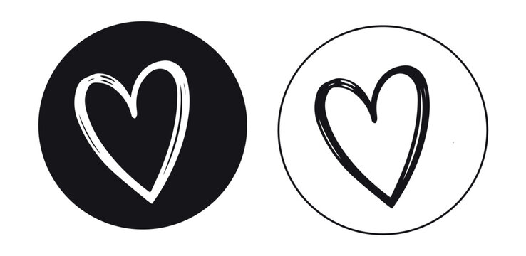 Hand-drawn heart icons in black and white circles, minimalist sketch heart vector set of 2 elements, romantic doodle heart symbols for social media