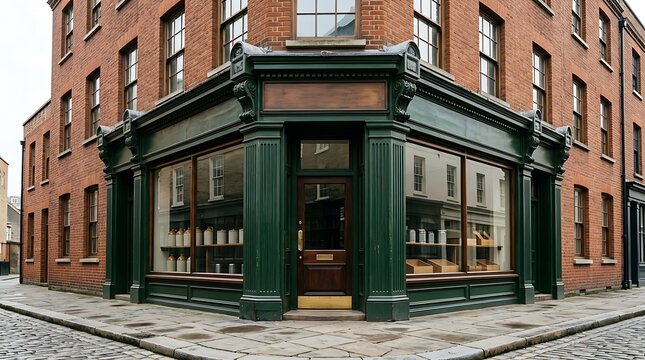 Corner view of historic brick shop building with green painted wood facade on cobblestone.