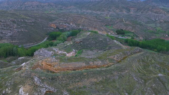 Aerial view from a drone of the Contrebia Leucade archaeological site in Aguilar del R&iacute;o Alhama, in the Cervera region. Autonomous Community of La Rioja. Spain. Europe